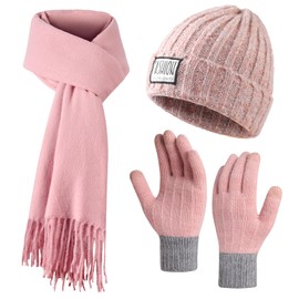 Winter Hat Beanie Long Scarf Touchscreen Gloves Set, 3Pcs Soft Thick Fleece Lined Gloves Skull Cap Scarf Set for Women Men, Grey Pink