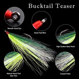 Bucktail Teasers with Hook Saltwater, Fishing Teaser Lures Flounder Rig Fishing Jig Hooks 5 Colors for Flounder Salmon Trout Sea Bass (Green, 10pcs)