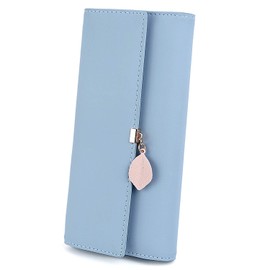 UTO Purses for Women RFID Blocking Ladies Long Wallet Leaf Pendant Zipper Coin Pocket Multi Card Slots Faux Leather Light Blue