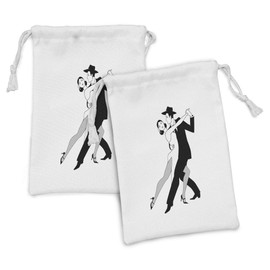 Lunarable Modern Fabric Pouch Set of 2, Romantic Scene of a Tango Couple in Vintage Clothes Monochromatic Illustration, Small Drawstring Bag for Toiletries Masks and Favors, 9" x 6", Black and White