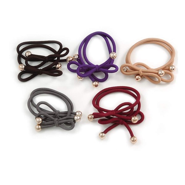 5 Multicoloured Bow with Gold Tone Bead Design Hair Elastic