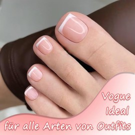 Pack of 24 White French Pedicure Press On Toenails - Short Square French Toenails, Full Cover Nail Tips, Simple Design Toe Nails for Women, 12 Sizes (White Toe)