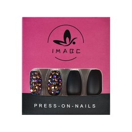 iMABC Pure Black False Nails With Rhinestones Designs Matte Medium Short Press On Tips Coffin Ballerina Nails 3D Diamond Fake Nail Set Full Cover Acrylic Nails Art 24 PC