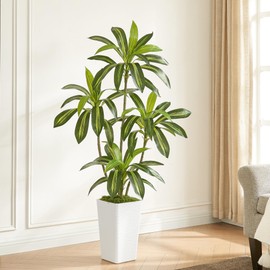 5FT Artificial Dracaena Tree with White Planter and Fake Green Moss - Real Touch Fake Plant for Home & Office Decor, Faux Yucca Indoor Floor Tree, Pre-Potted Plants,