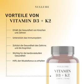Vitamin D3 K2 (MK7) Natural Nullure | 2000 IU | Daily Balanced Formula for Easy Absorption I Strengthens the Immune System · Circulation · Bone · Teeth · Muscles | 180 Capsules (6 Months)