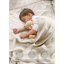 LAYNENBURG Premium Muslin Baby Blanket, 120 x 120 cm, 4-Layer Blanket Made of 100% Cotton, Oeko-Tex 100, Cuddly Blanket or Sleeping Blanket, Swaddling Cloth, Burp Cloth for Baby, Newborn and Children