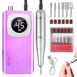 Electric 45000RPM Nail Drill Machine Rechargeable Portable Nail File Electric DIY Nail Drill Kit with Smart LCD Screen for Gel Nail Manicure and Pedicure Reflective Body etc (Purple)