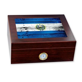 ExpressItBest Premium Desktop Humidor - Glass Top - Flag of El Salvador (Salvadorian) - Wood Design - Cedar lined with humidifier & front mounted hygrometer.