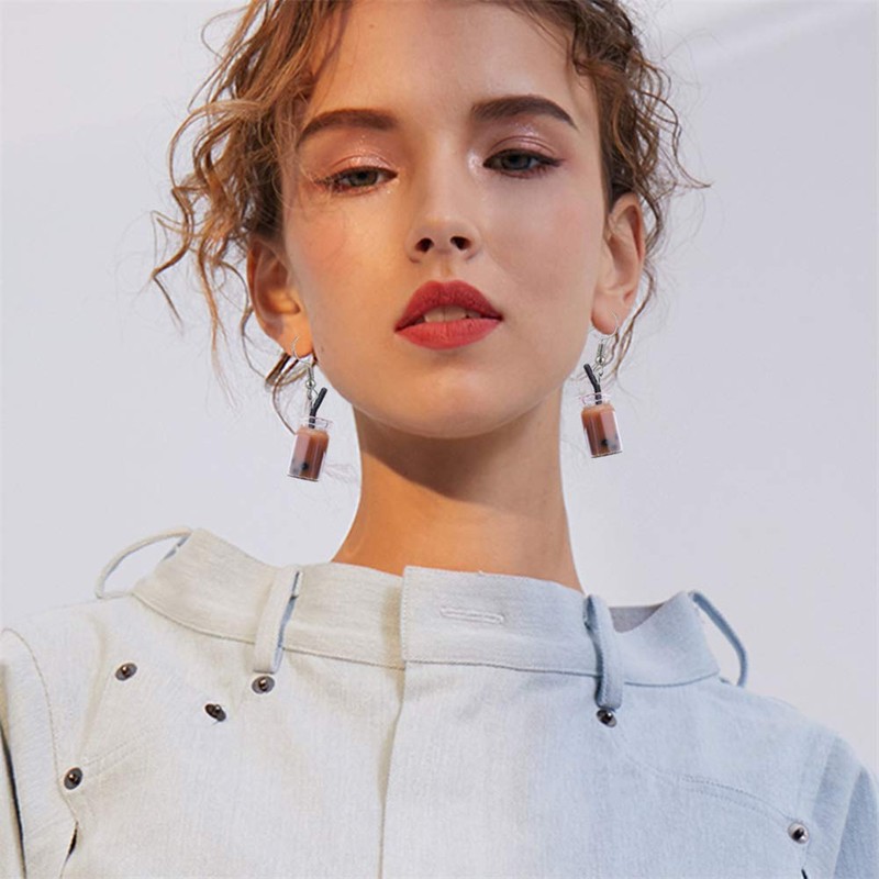 6 Pairs Cute Pearl Milk Tea Dangle Earrings Tea Drop