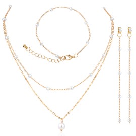 Mikovivi Pearl Jewelry Set, Exquisite Trendy Double Layer Pearl Necklace Pearl Earrings and Pearl Bracelet for Women Jewelry Set Gift for Party Birthday Wedding Festival