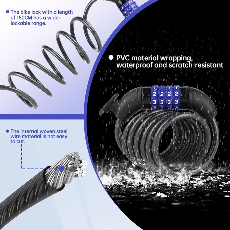 4 Digit Bicycle Lock, 8 x 1500mm Bicycle Code Lock,