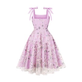 Sleeveless Tie Straps Embroidered Floral Dress for Women Wedding Guest Summer Formal Tulle Prom Retro Cocktail Swing Dress Flower Embroidery Tulle Casual Tea Party Dresses Light Purple M