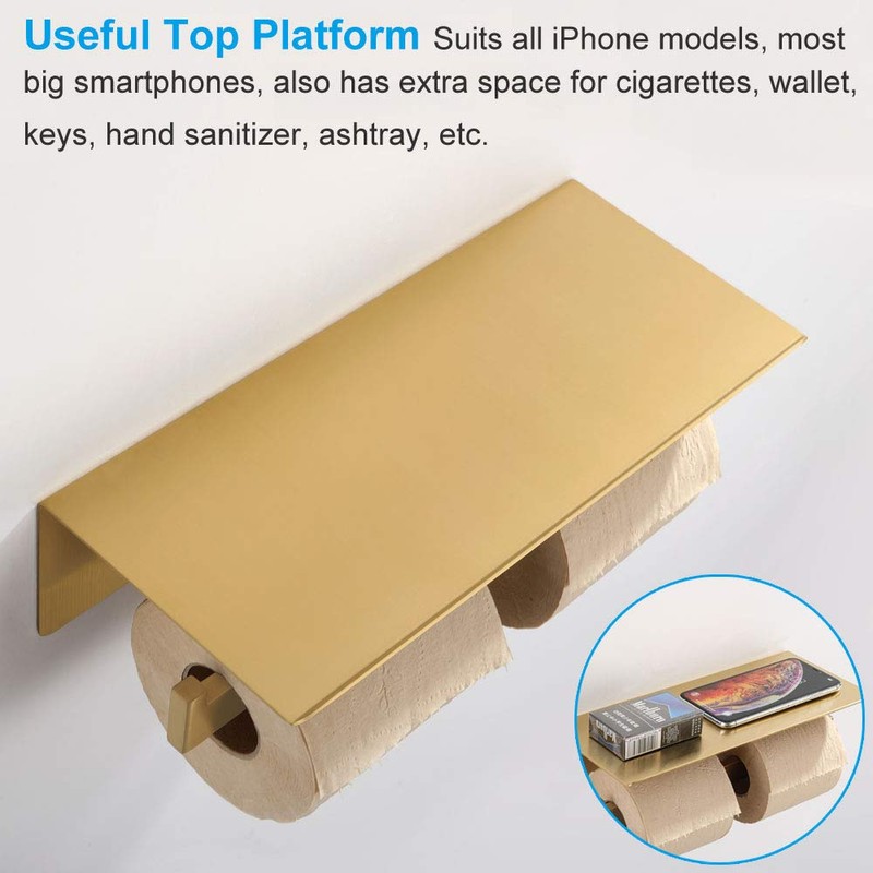 Double Toilet Paper Holder with Shelf Brushed Gold, APLusee SUS