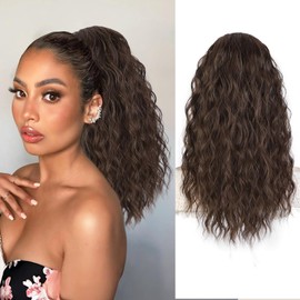 AISI BEAUTY Brown Ponytail Extension Curly Drawstring Ponytail for Women 18 Inch Curly Wavy Synthetic Pony Tail for Daily Party Use(Deep Brown)