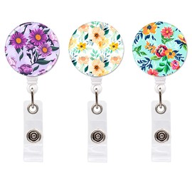 3 Pack Flower Retractable Badge Holder, ID Badge Clip for Women Teacher Nurses Name Card Badge Reel