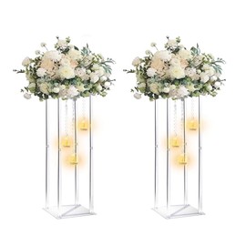 Clear Acrylic Vases Flower Stand Wedding Centerpieces with Hanging Glass Tealight Globe Candle Holders for Event Party Table Decoration Display Rack Column (2, 24 inch)