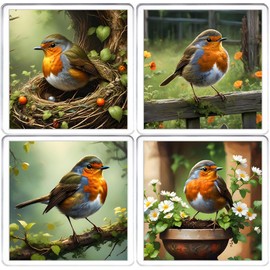 Robin Red Breast Coaster Set. 4 different Robin Bird Pictures on 10cm x 10cm Acrylic Coasters. Boxed Coaster Drip Mat Set.