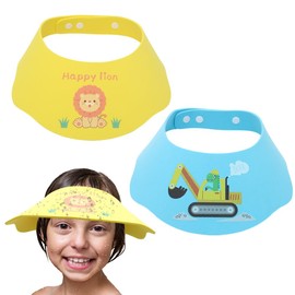LOMUG Baby Shower Cap with Adjustable Velcro Fastening - Soft EVA Material Protects Eyes, Nose & Ears from Water & Shampoo (Yellow Lion + Blue Dinosaur)
