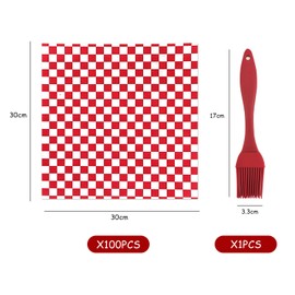100 Sheets of 30 * 30cm Red Square Greaseproof Paper with 1 Red Oil Brush, Hamburger Paper, Oilproof Sandwich Wrapping Paper, Square Oilproof Packaging