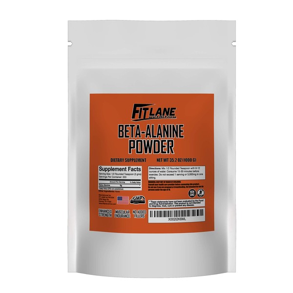 Fit Lane Nutrition Beta Alanine Powder. Bulk Pre Workout Supplement 1000 Grams (2.2 lbs) 333 Servings Unflavored. Value Sized Bag.