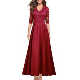 REPHYLLIS Women's V Neck Lace Vintage Formal Bridesmaid Wedding Long Dress Red