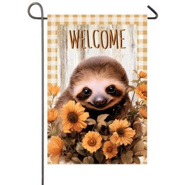 Fall Welcome Sloth Garden Flag 12x18 Inch Double Sided Autumn Flowers Baby Sloth Yard Flags for Outside Patio Lawn Outdoor Home Decor