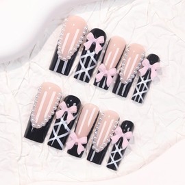 RUOKEXIN Long Square Press on Nails French Tip Fake Nails Black False Nails with 3D Bow Designs Long Nail Press ons Square Glue on Nails Glossy Artificial Nails Cute Stick on Nails for Women 24Pcs