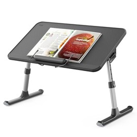 SAIJI Portable Lap Desk Adjustable Laptop Stand with Book Press Removable Stopper, Anti-Slip Leather Surface Laptop Bed Tray Table with Foldable Legs for Breakfast Reading Desk for Sofa Couch