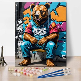 TISHIRON Paint by Numbers Adult Junior Bear Sits with Headphones Paint by Numbers Adults DIY Painting by Numbers Kits Wrinkle Free Canvas with 3 Brushes, 40 x 50 cm