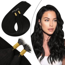 Ugeat Nano Beads Hair Extensions Real Human Hair Off Black Nano Ring Extensions Natural Black Short Hair Prebonded Hair Extensions #1B 14Inch