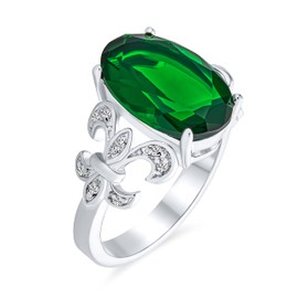 Personalize Fleur De Lis Pave Accent AAA CZ Estate Vintage Style Large Oval Solitaire 7CT Cubic Zirconia Simulated Emerald Green Cocktail Statement Ring for Women Silver Plated Customizable