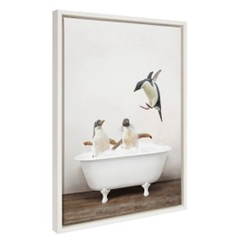 Kate and Laurel Sylvie Penguins Playing in Rustic Bath Framed Canvas Wall Art by Amy Peterson Art Studio; 18x24 White; Modern Fun Decorative Bathtub Wall Art for Home Décor