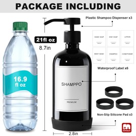 GMISUN Plastic Shampoo and Conditioner Dispenser with Silicone Sleeves, 21 oz Black Shower Soap Dispenser Bottles with Labels, Refillable Shampoo Conditioner Body Wash Dispensers Set of 3