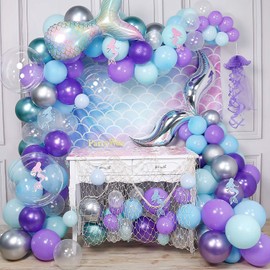PartyWoo Mermaid Balloons Garland Kit, 180pcs Mermaid Backdrop, Mermaid Tail Balloons, Mermaid Stickers, Paper Jellyfish, Giant Bobo Balloons, Green Silver Purple Metallic Balloons, Blue Mint Balloons