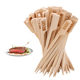 100pcs Steak Temperature Sticks, Meat Doneness Picks Wooden Skewers Steak Markers Wood Flat Skewers Cocktail Toothpicks Steak Accessories for Barbecue Fruit Grilling Roasting Party Cocktail