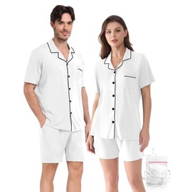 YOPUGEE Matching Pajamas for Couples Mens Summer Pjs Shorts Sets 2 Piece Button Down Loungewear S-XXXL White