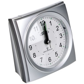 PRIM Radio-Controlled Alarm Clock with Smooth Flow, Plastic Alarm Clock, Silver & White, Alarm Amplifier, Repeat Alarm, Light Function, Quartz Movement, Precise and Quiet Operation
