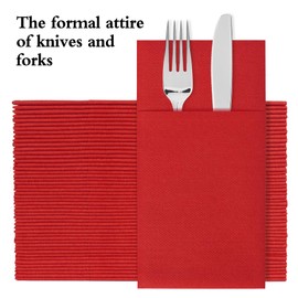 Iylllwly Red Paper Napkins Disposable, Dinner Napkins with Built-in Flatware Pocket, Cloth Like Napkins, Prefolded for Knives and forks Linen-Feel Hand Napkins for Parties, Weddings, Events, 50 Pack