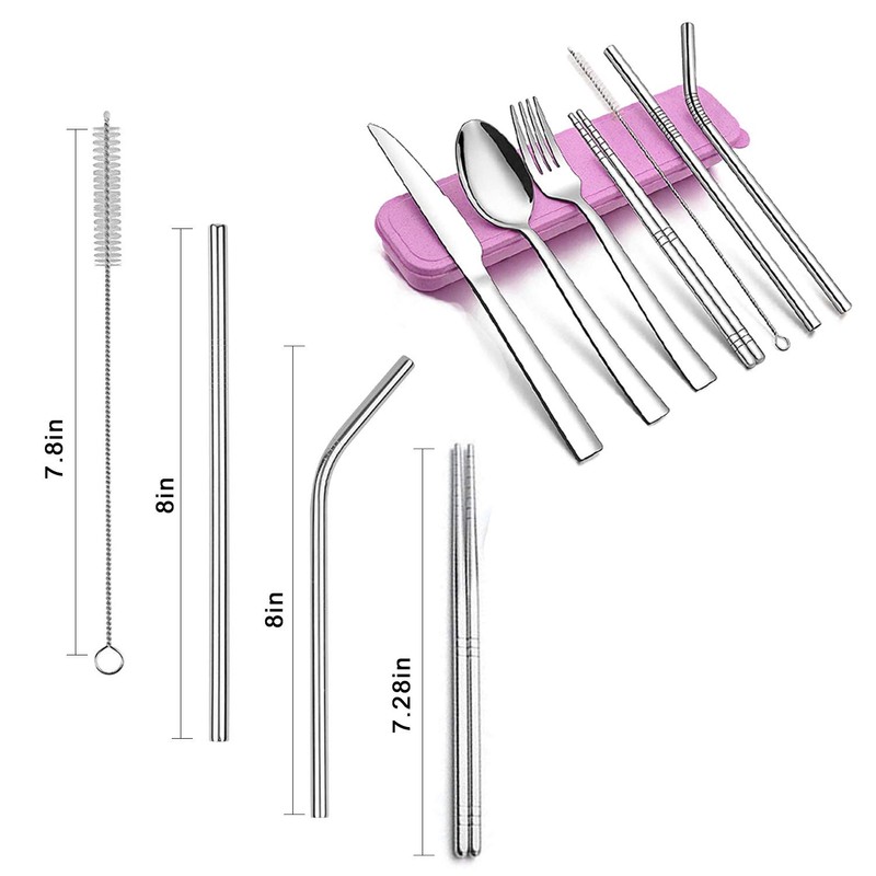 9 Piece Portable Stainless Steel Cutlery Set (Pink)