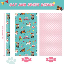 WERNNSAI Cat Reversible Wrapping Paper Roll - 1 Roll 17” x 33 ft Cat Birthday Wrapping Paper Roll Girls Kids Cat Birthday Gift Wrap Paper Green Pink for Bday Holiday Wrapping Paper Polka Dot Design