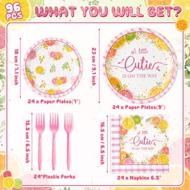 G1ngtar 96Pcs Little Cutie Baby Shower Party Plate Supplies - A Little Cutie Is On The Way Tableware Decoration Orange Tangerine Citrus Fruit Disposable Paper Plate Napkin Fork for Birthday, Serves 24