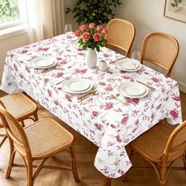 Arquiel Vintage Flowers Rectangle Tablecloth, Wipe Clean Reusable PVC Pink Rose Tablecloth Waterproof Oil-Proof Table Cover for Home Kitchen Dining Party Decoration, 152x180cm