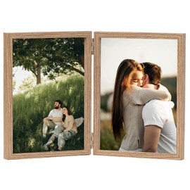 JCJMY 5x7 Double Picture Frame Hinged Folding Vertical Stand on Tabletop, Wood Two Openings 5x7 Double Photo Frame Collage with Shatter Resistant Plexiglass, Brown Wood Gain