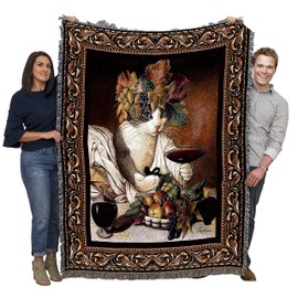 Bacchus Cat Wine Drinking - Michelangelo Merisi da Caravaggio's Bacchus Parody - Melinda Copper - Blanket Throw Woven from Cotton - Made in The USA (72x54)