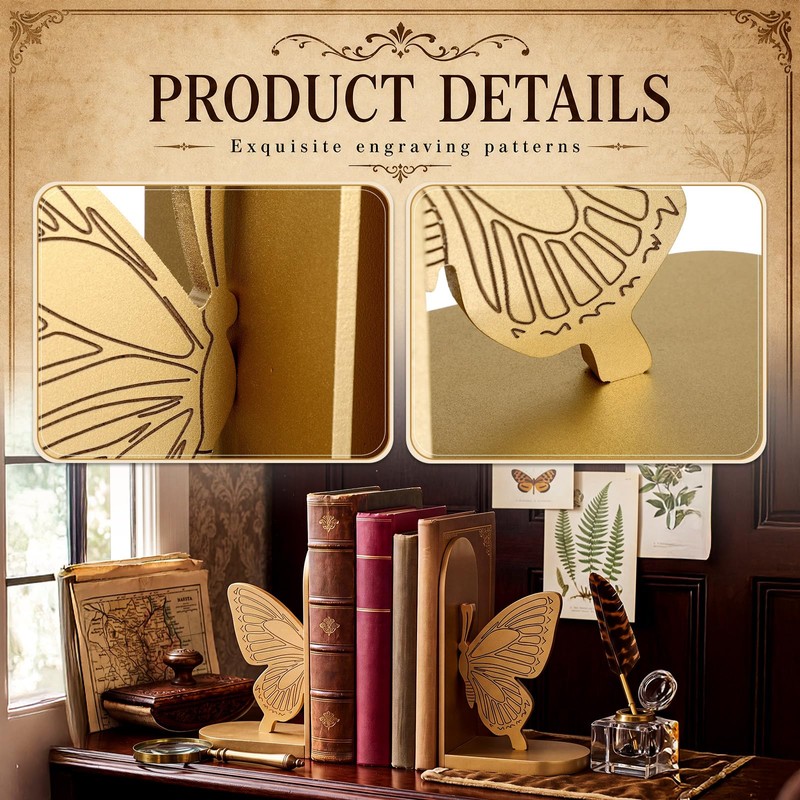 Wooden Butterfly Bookends, Solid Wood, Gold Finish Book Ends, Pair