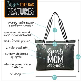 Brooke & Jess Designs Sports Mom Gifts - Large Zippered Baseball Tote Bag with Pockets for Women, Moms, Mama - Perfect for Work, Mother's Day