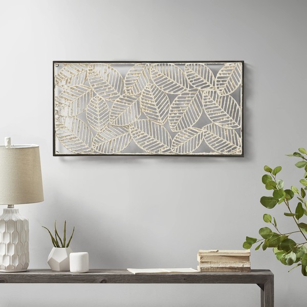 Madison Park Wall Art Living Room Décor Leaves Paper Cloaked with Metal Frame, Home Accent Modern Inspired Dining, Bathroom Decoration Ready to Hang Panel for Bedroom, 31.89" W x 15.94" H, Natural
