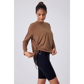 altiland Drawstring Side Ruched Long Sleeve Workout Shirts for Women, Buttery Soft Running Gym Athletic Yoga Tops Loose Fit (Cocoa Brown,XL)