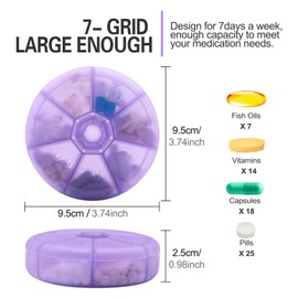 Portable Weekly Pill Organizer 7 Day Pills Container, Round Pill Case Travel Friendly, Daily Week Pill Reminder Case, BPA-Free Vitamin, Supplement, Fish Oil, Medication Planner (Purple)