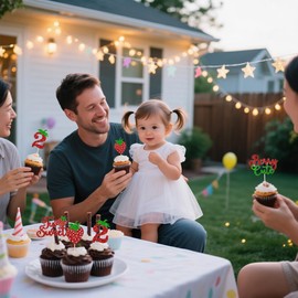 12 Pcs Red Glitter "2" Strawberry Cupcake Toppers - "Berry Cute" "Two Sweet" Picks for 2nd Birthday Party, Anniversary, Summer Celebrations, Cakes & Desserts